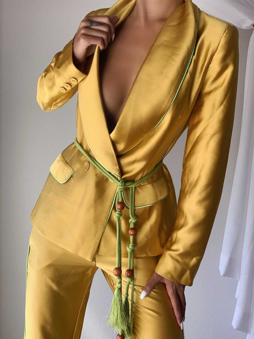 Tasseled Satin Blazer + Pants in Gold 6