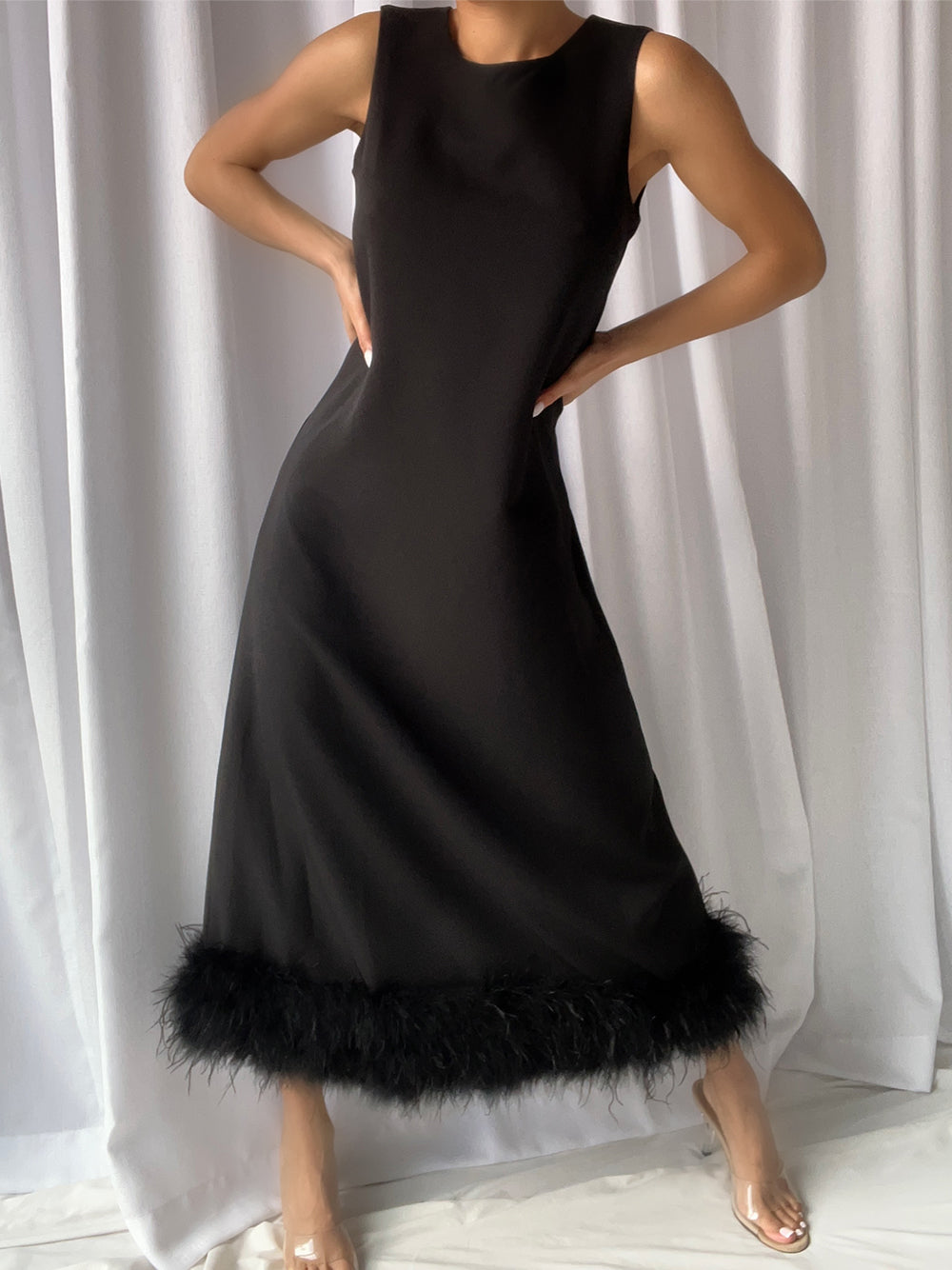 Cowl Neck Sleeveless Shift Feather Hem Midi Dress - View 2