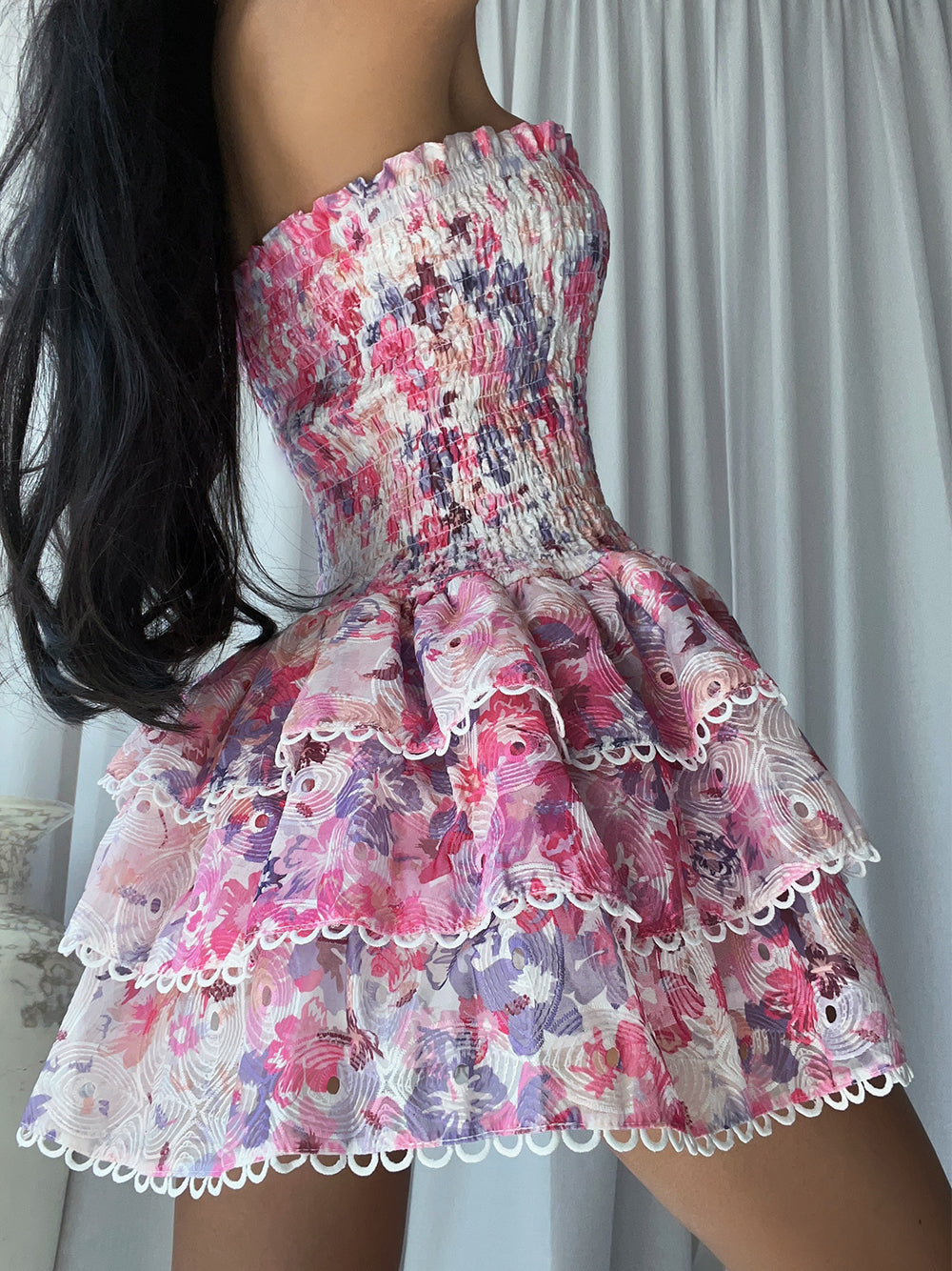 Floral Print Strapless Smocked Tiered Ruffle Mini Dress 3