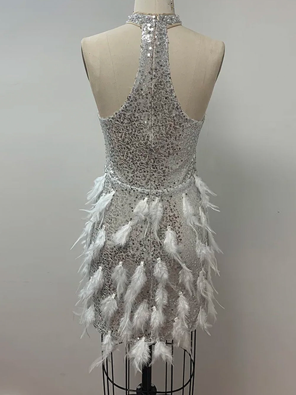 Sequin Halter Neck Plunge Feather Skirt Mini Dress - View 10