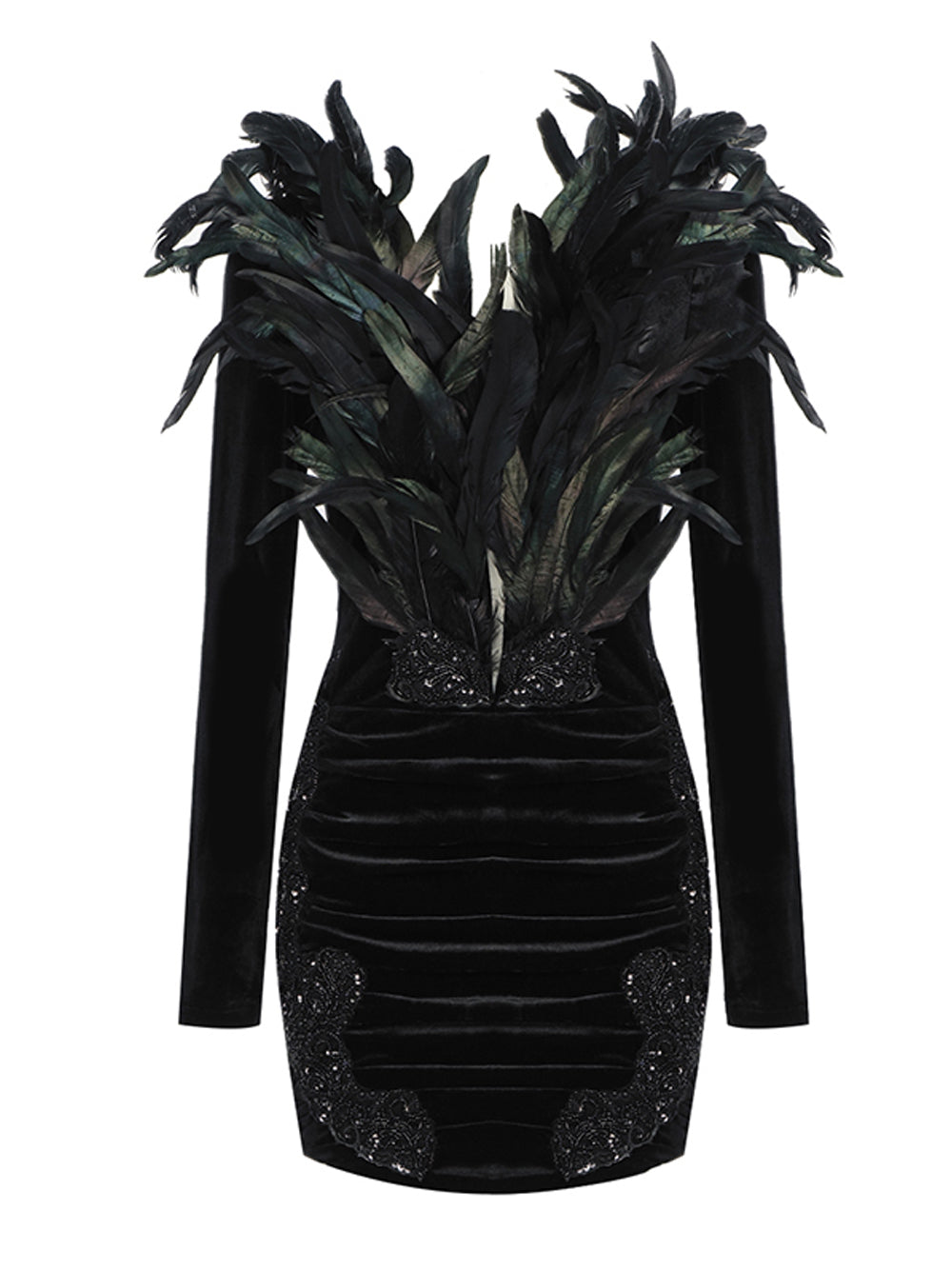 Velvet Deep V-Neck Long Sleeve Feather Bodice Ruched Mini Dress
