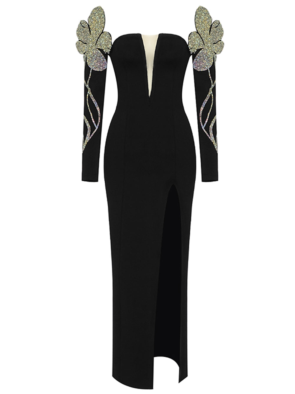 Crystal Floral Off Shoulder Long Sleeve High Slit Maxi Dress 4