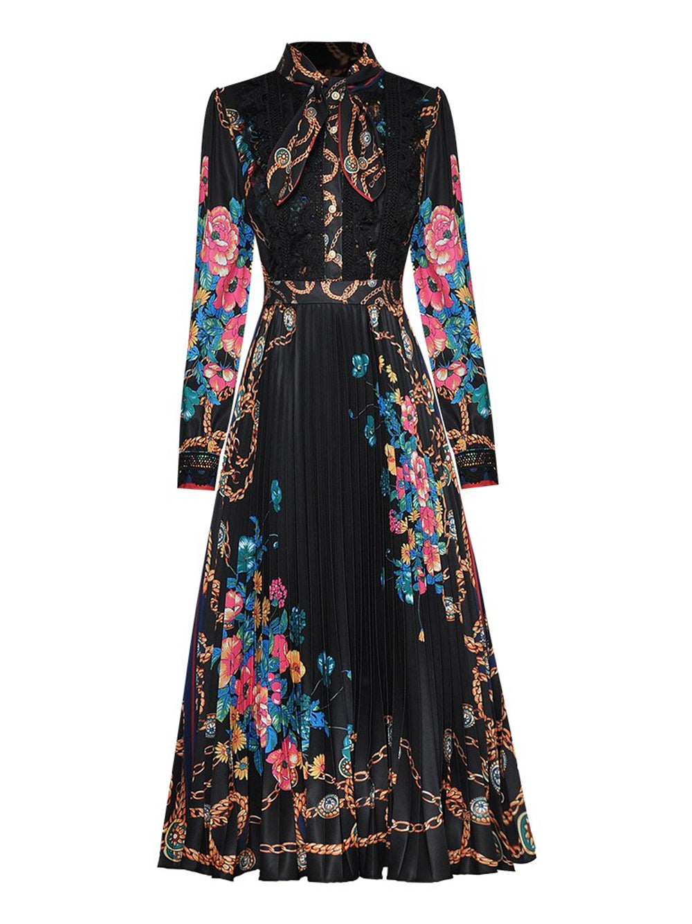Floral Chain Print Pussy-Bow Collar Long Sleeve Pleated Midi Dress 13