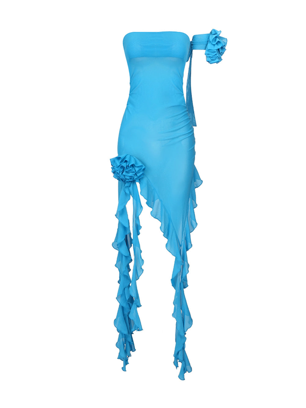 Rosette Strapless Asymmetric Ruffle-Hem Dress 11