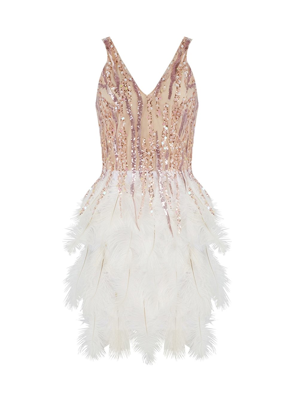 Sequin Mesh Deep V-Neck Feather Tier Bodycon Mini Dress