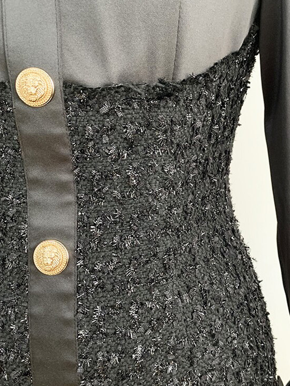 Tweed Boucle Satin Collar Long Sleeve Button Front Mini Dress - View 6