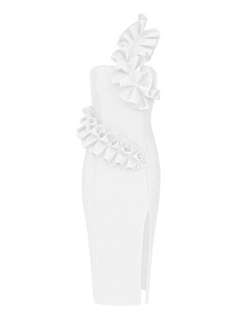 Ruffle-Trim Strapless Front-Slit Bodycon Midi Dress