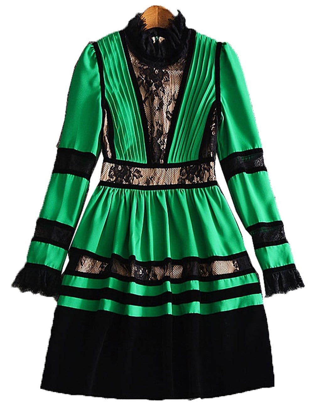 Lace Velvet High Neck Long Sleeve Pleated Mini Dress 8