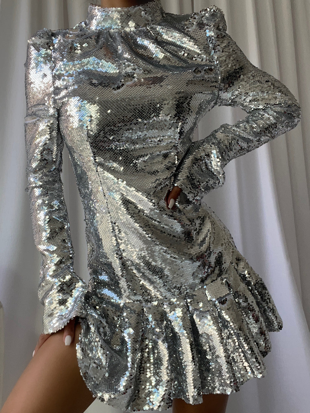 Sequin High Neck Long Sleeve Ruffle Hem Mini Party Dress - View 2