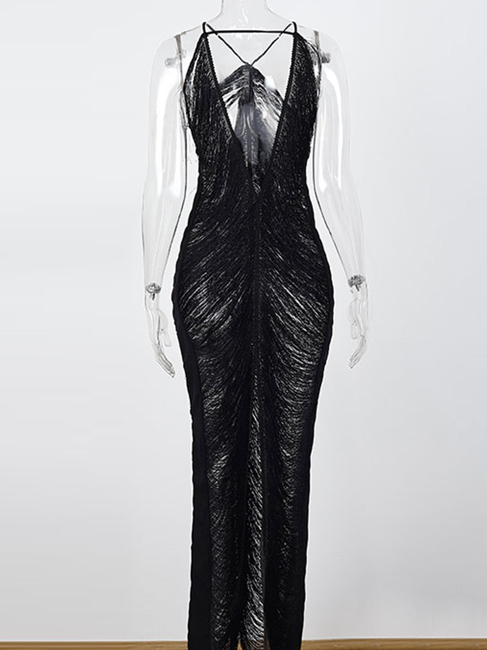 Tassel Fringe Halter Backless Bodycon Maxi Dress 19