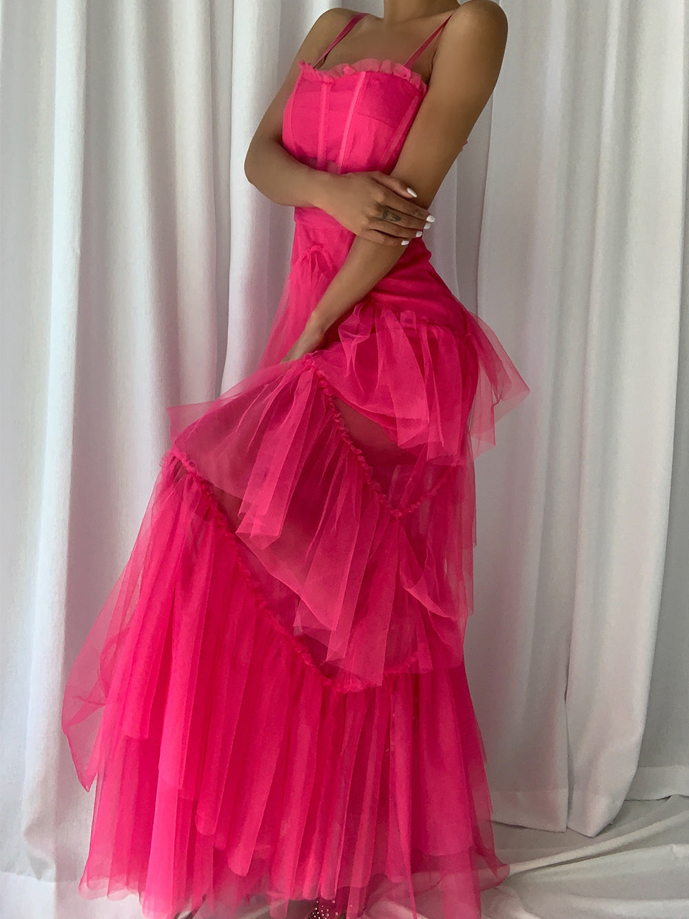 Spaghetti Strap Square Neck Corset Tiered Ruffle Tulle Maxi Gown - View 4
