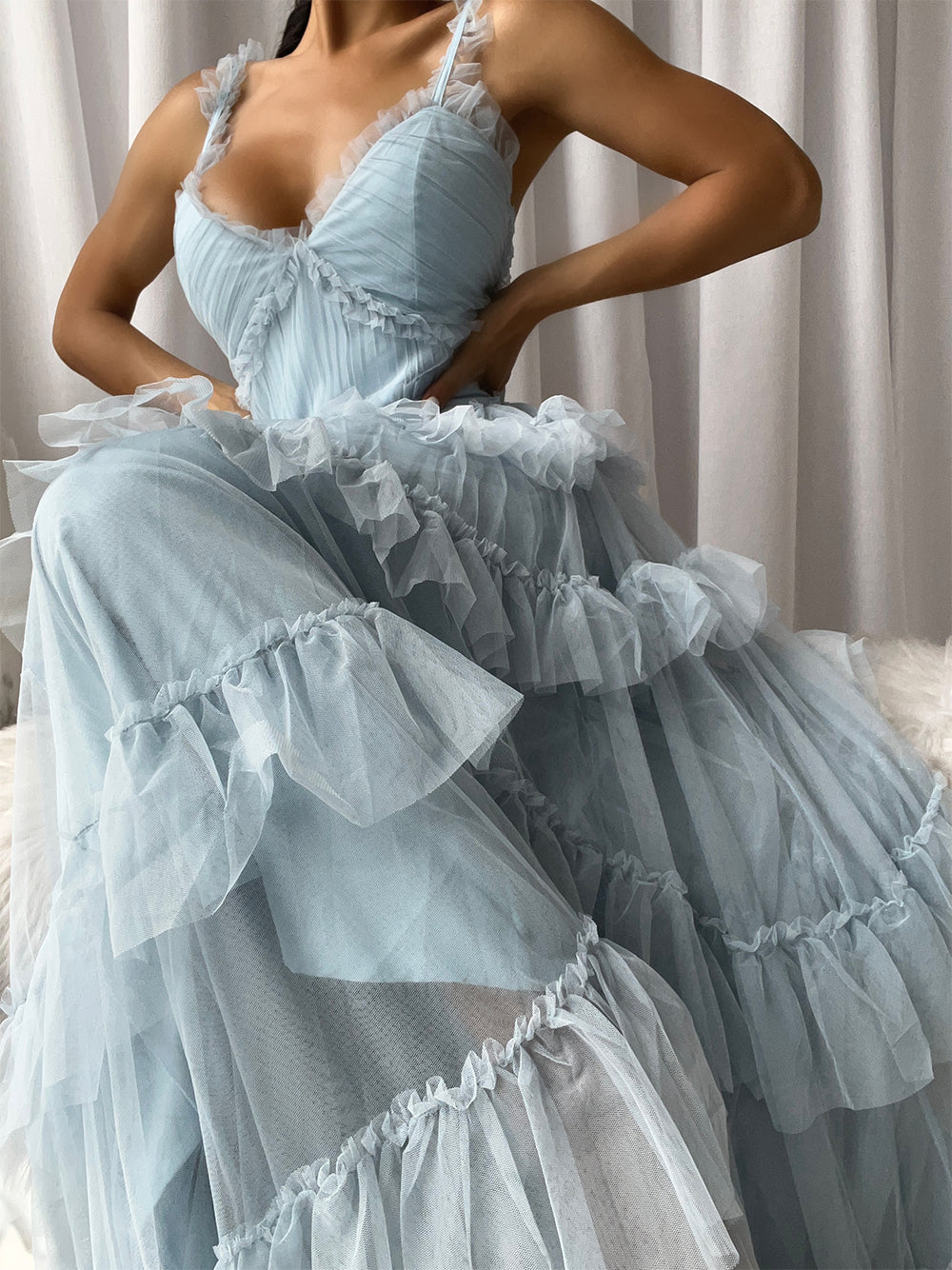 Tulle Sweetheart Strappy Tiered Ruffle Midi Dress 2