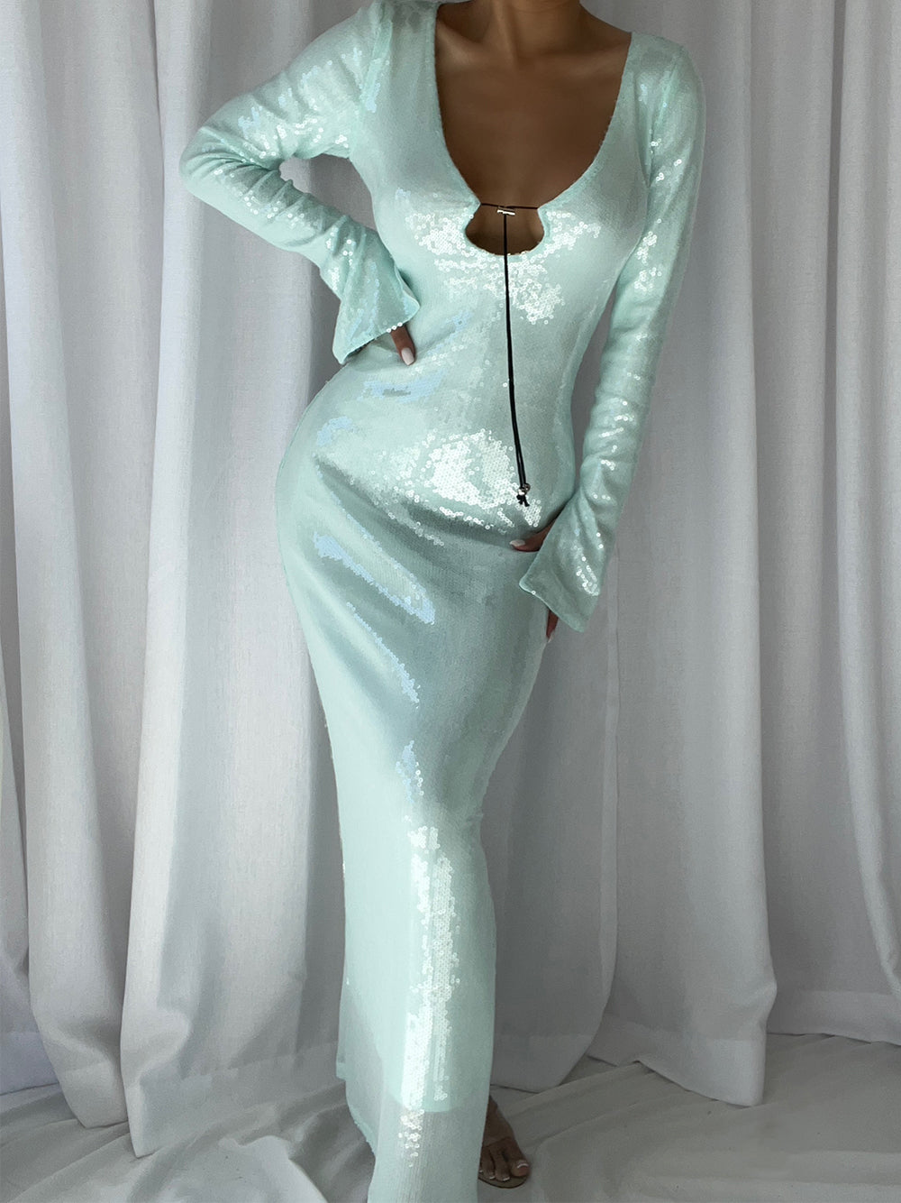 Lace Long Sleeve High Neck Fit and Flare Midi Gown - View 2