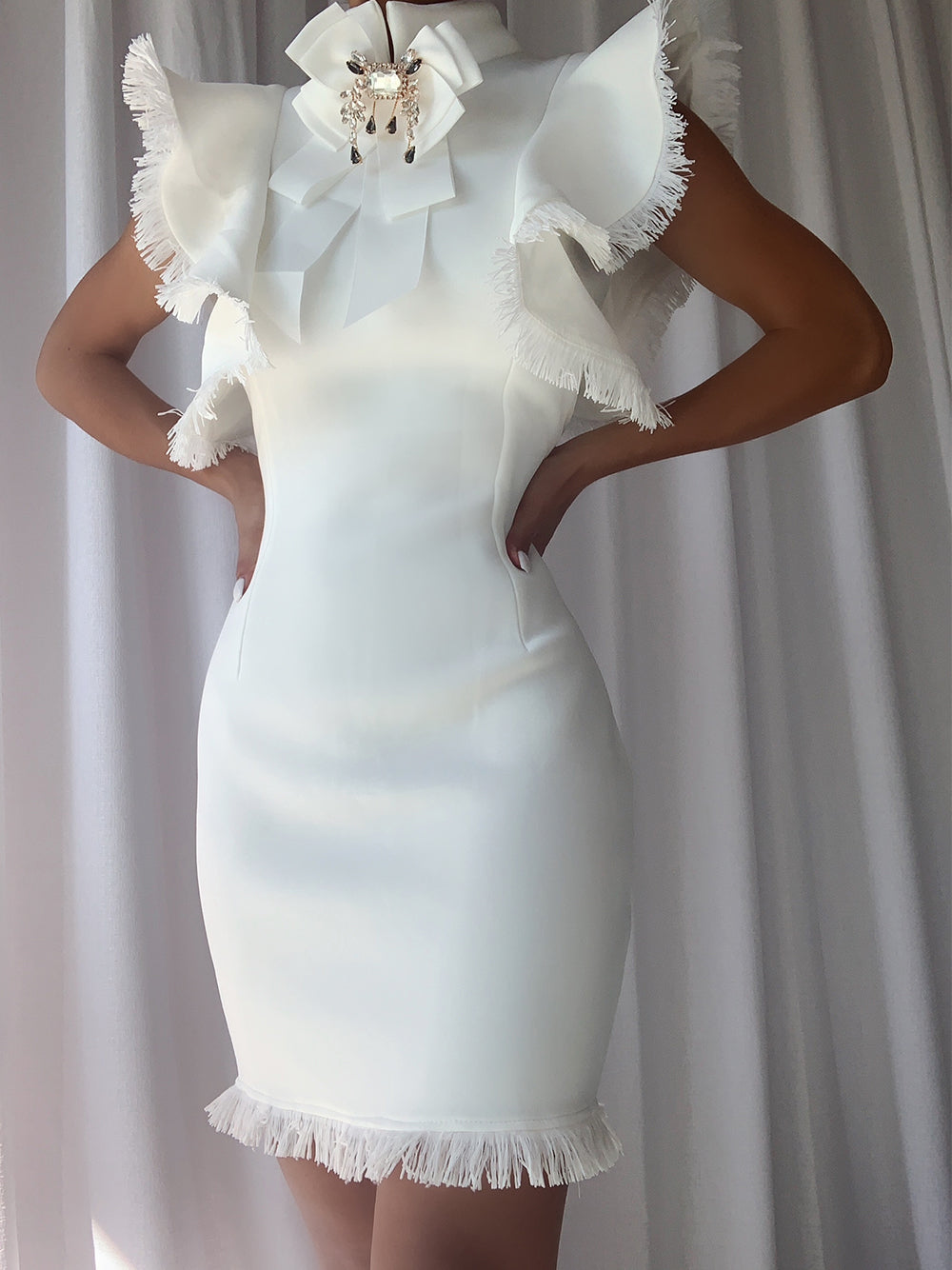 Mock Neck Sleeveless Frayed-Trim Bodycon Mini Dress 5