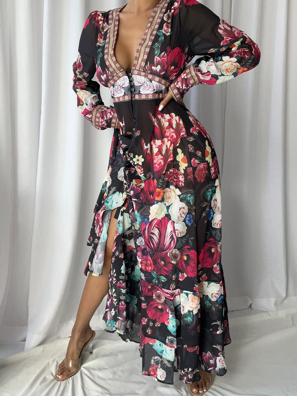 Floral Deep-V Bishop-Sleeve Button-Front Tiered Maxi Dress 5