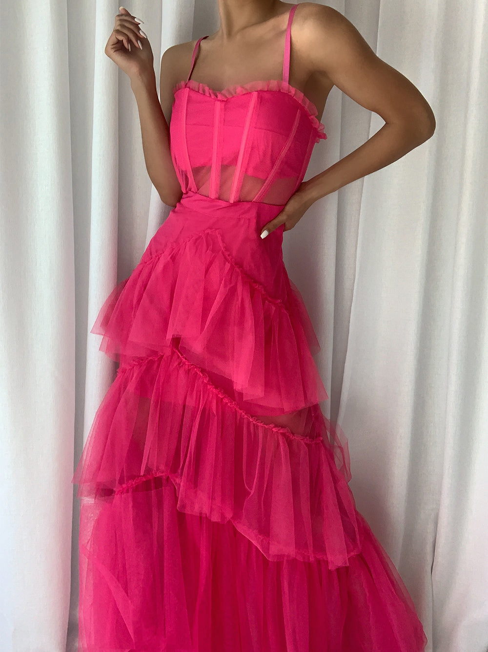 Spaghetti Strap Square Neck Corset Tiered Ruffle Tulle Maxi Gown - View 2