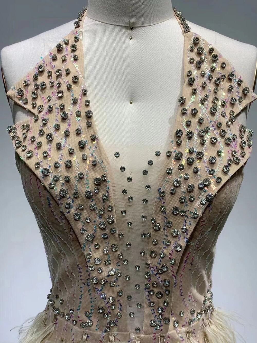 Rhinestone Halterneck Sheer Corset Feather Mini Dress 11
