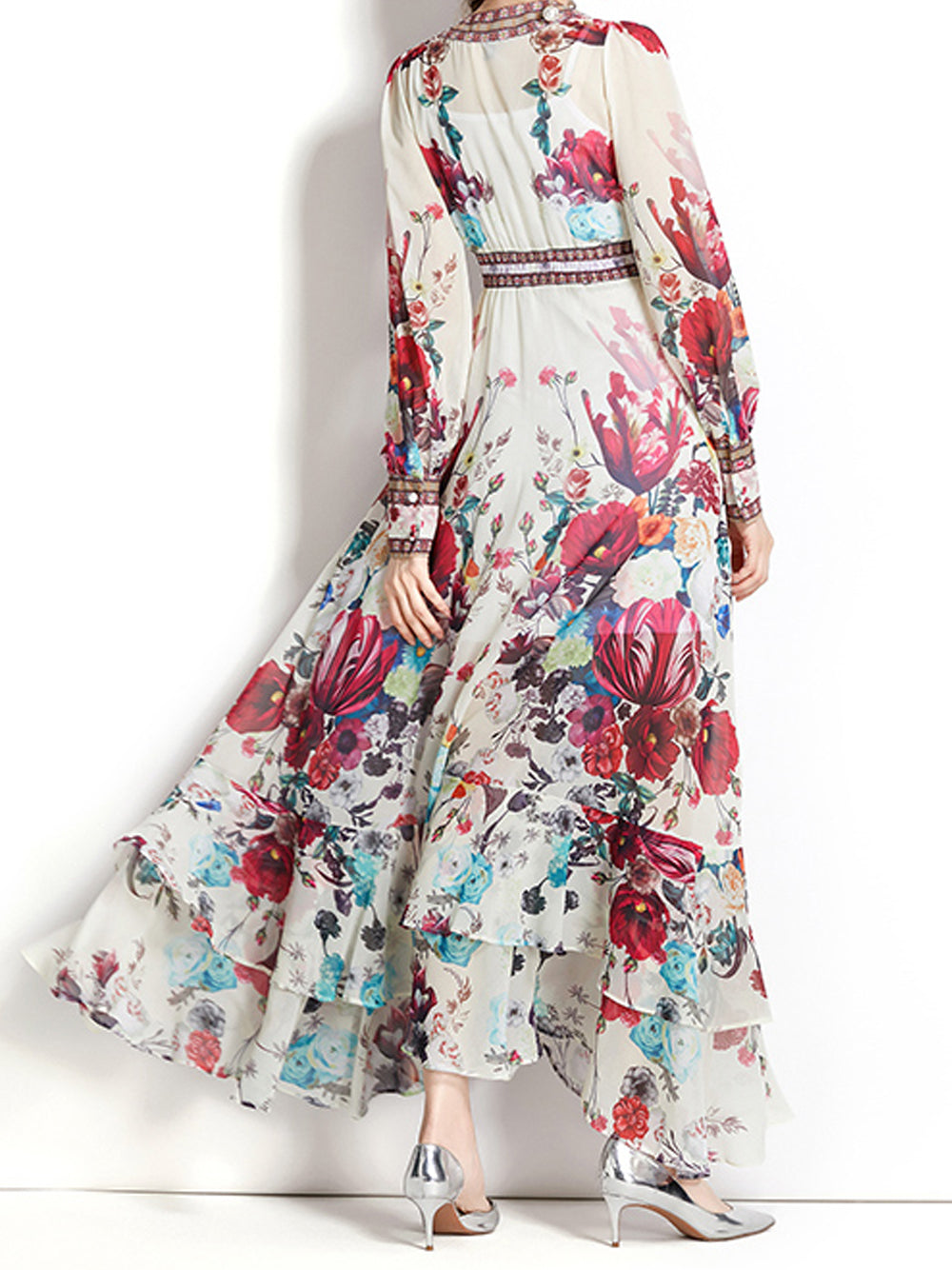 Floral Deep-V Bishop-Sleeve Button-Front Tiered Maxi Dress 6