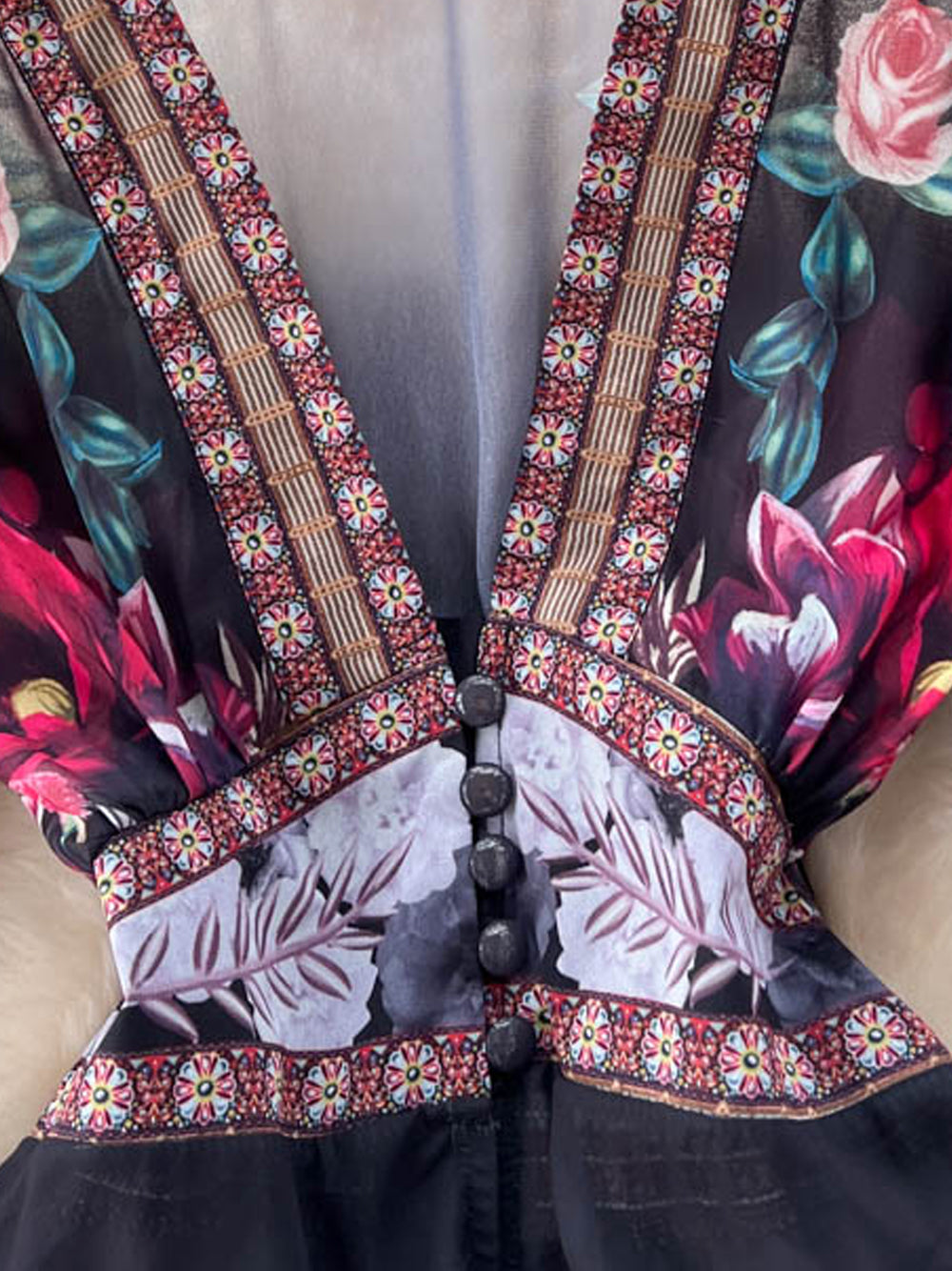 Floral Deep-V Bishop-Sleeve Button-Front Tiered Maxi Dress 7