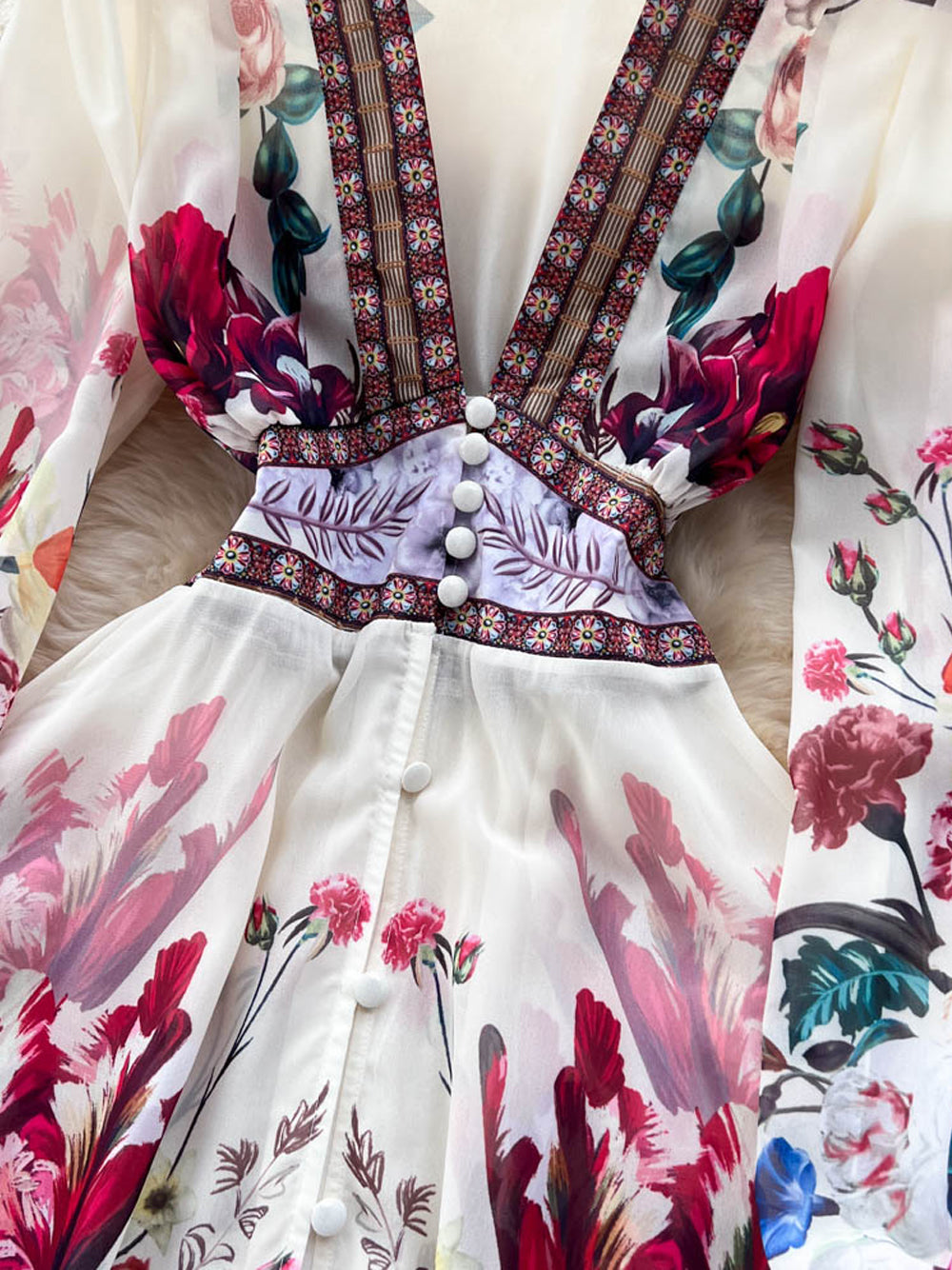 Floral Deep-V Bishop-Sleeve Button-Front Tiered Maxi Dress 9