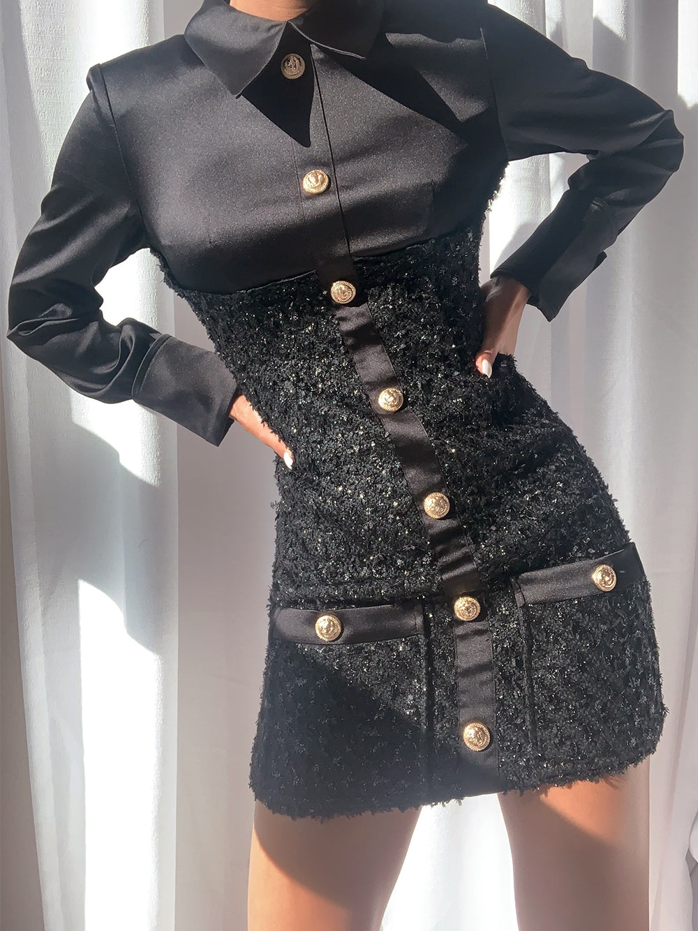 Tweed Boucle Satin Collar Long Sleeve Button Front Mini Dress