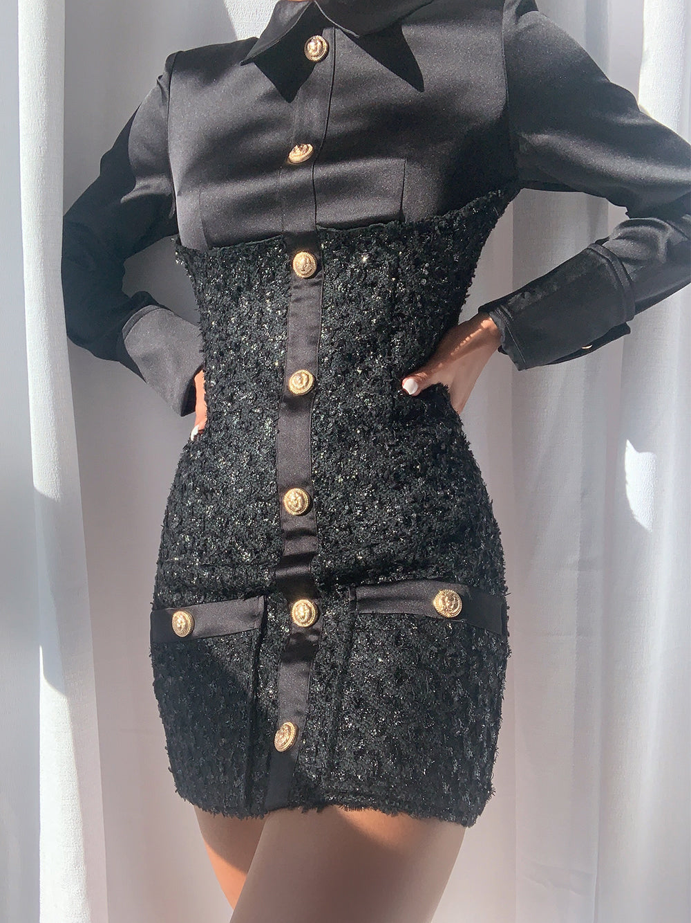 Tweed Boucle Satin Collar Long Sleeve Button Front Mini Dress - View 3
