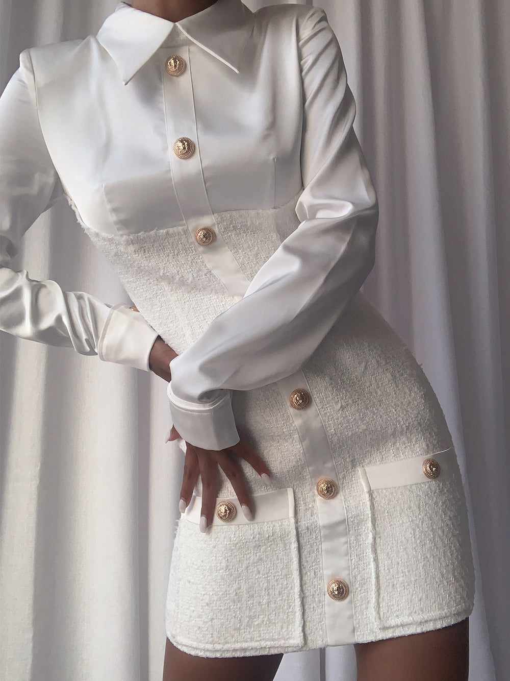 Tweed Satin Collar Long Sleeve Button-Front Mini Dress 2