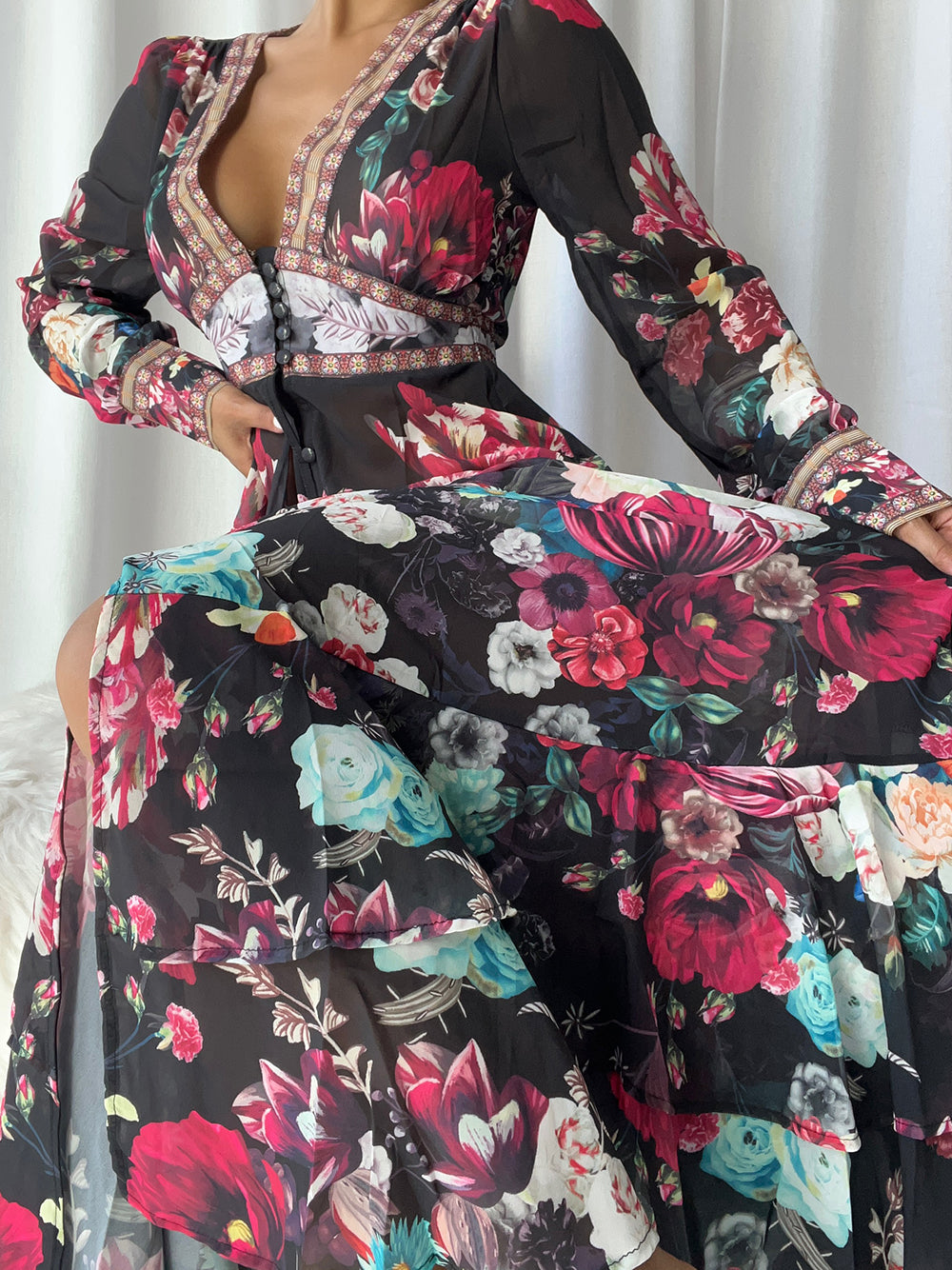 Floral Deep-V Bishop-Sleeve Button-Front Tiered Maxi Dress 4