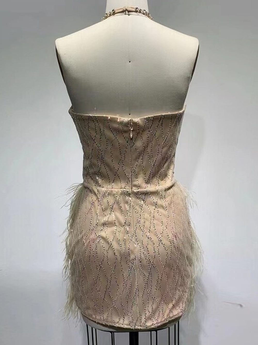 Rhinestone Halterneck Sheer Corset Feather Mini Dress 10
