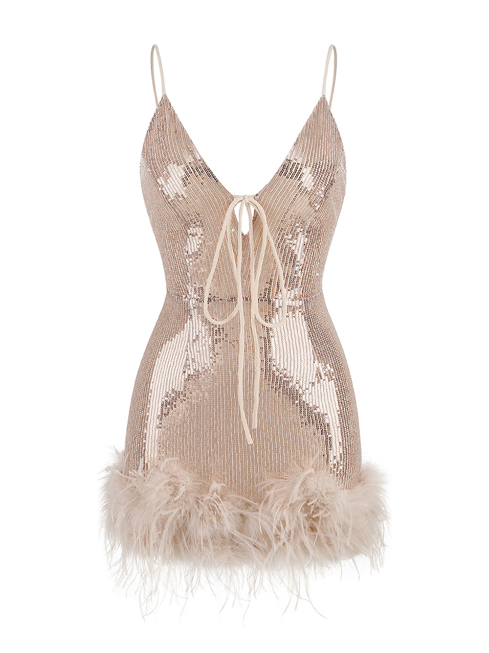 Sequin Deep V-Neck Spaghetti Strap Feather Hem Bodycon Mini Dress