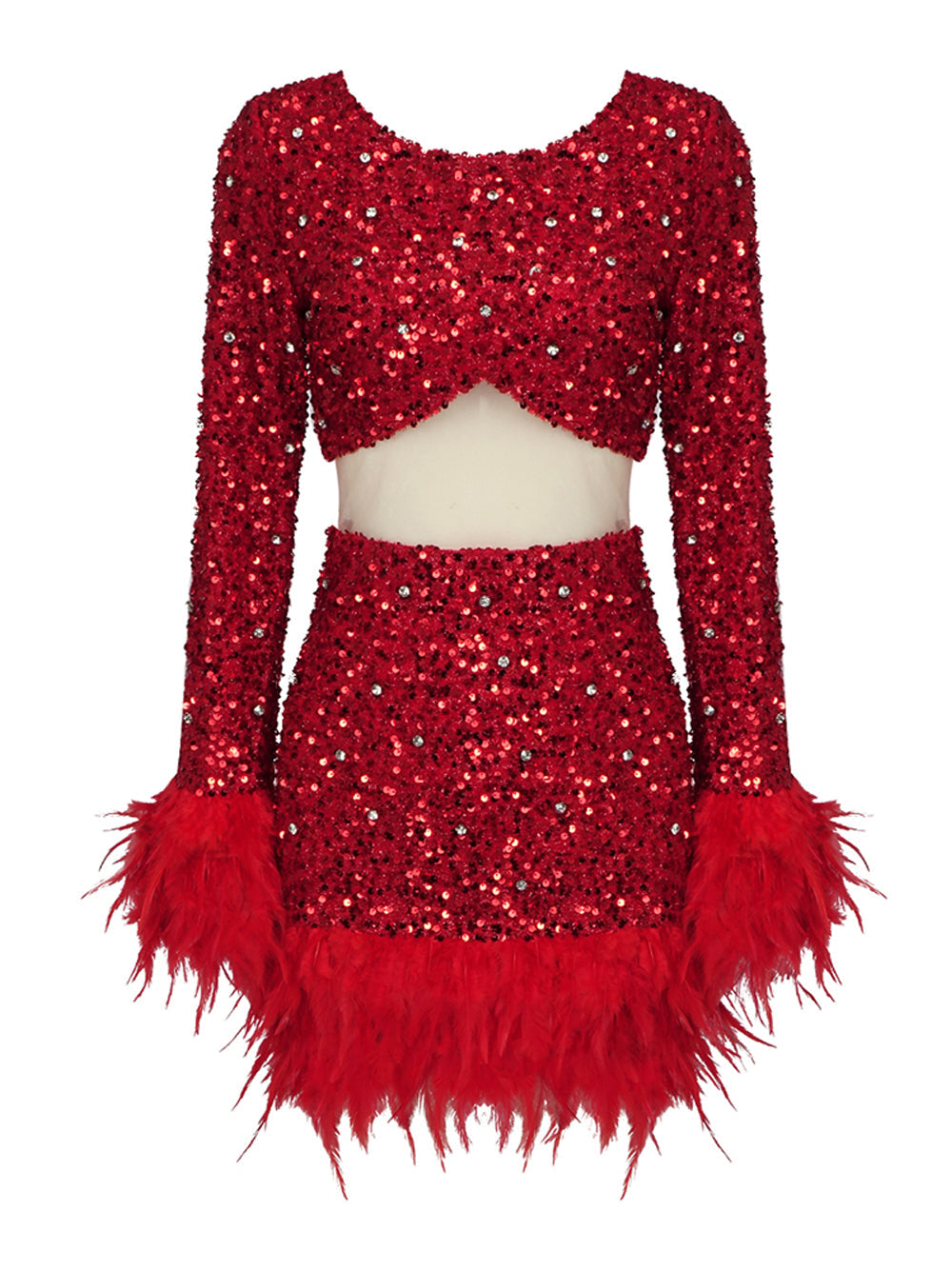 Sequin Long Sleeve Feather-Trim Two-Piece Set