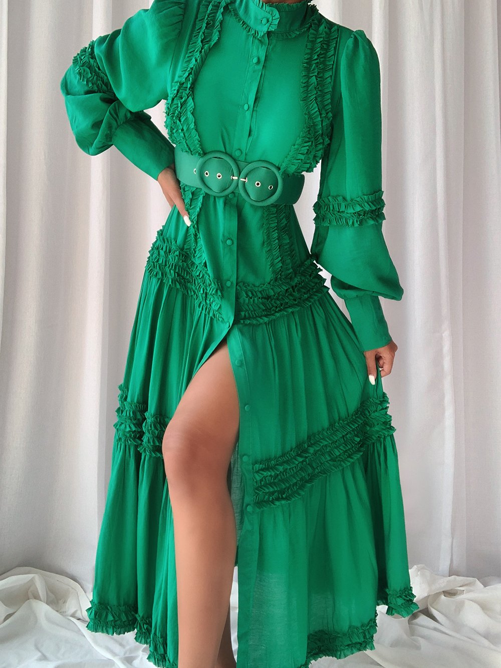 Ruffle Trim High Neck Long Sleeve Belted Tiered Maxi Dress 2