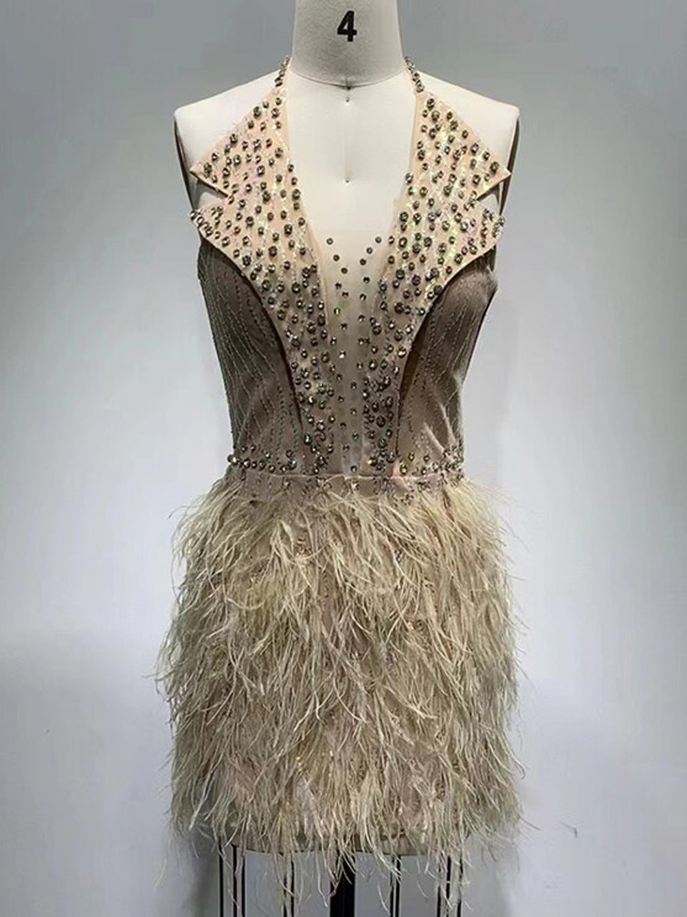 Rhinestone Halterneck Sheer Corset Feather Mini Dress 9