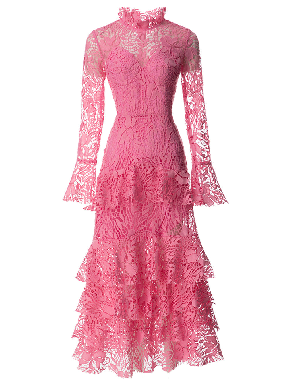 Floral Lace High-Neck Long-Sleeve Tiered Mermaid Maxi Dress