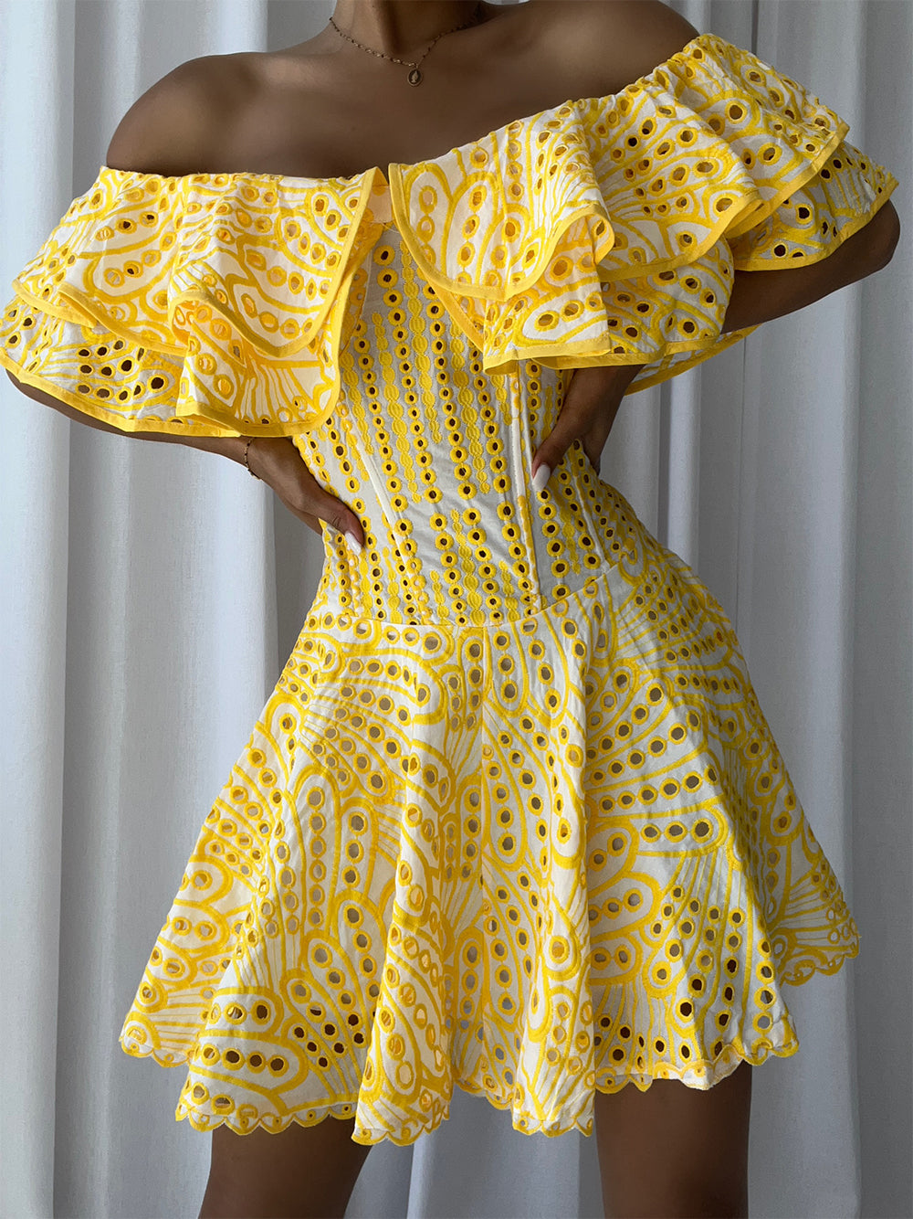 Broderie Anglaise Off-Shoulder Ruffle Mini Dress 7