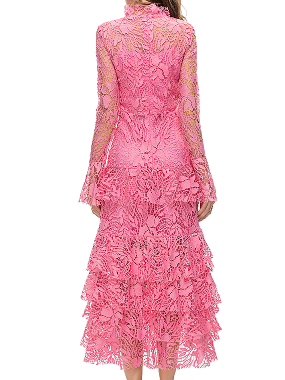 Floral Lace High-Neck Long-Sleeve Tiered Mermaid Maxi Dress 6