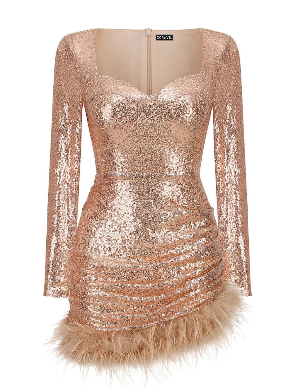 Sequin One Shoulder Feather Trim Cut Out Bodycon Mini Dress