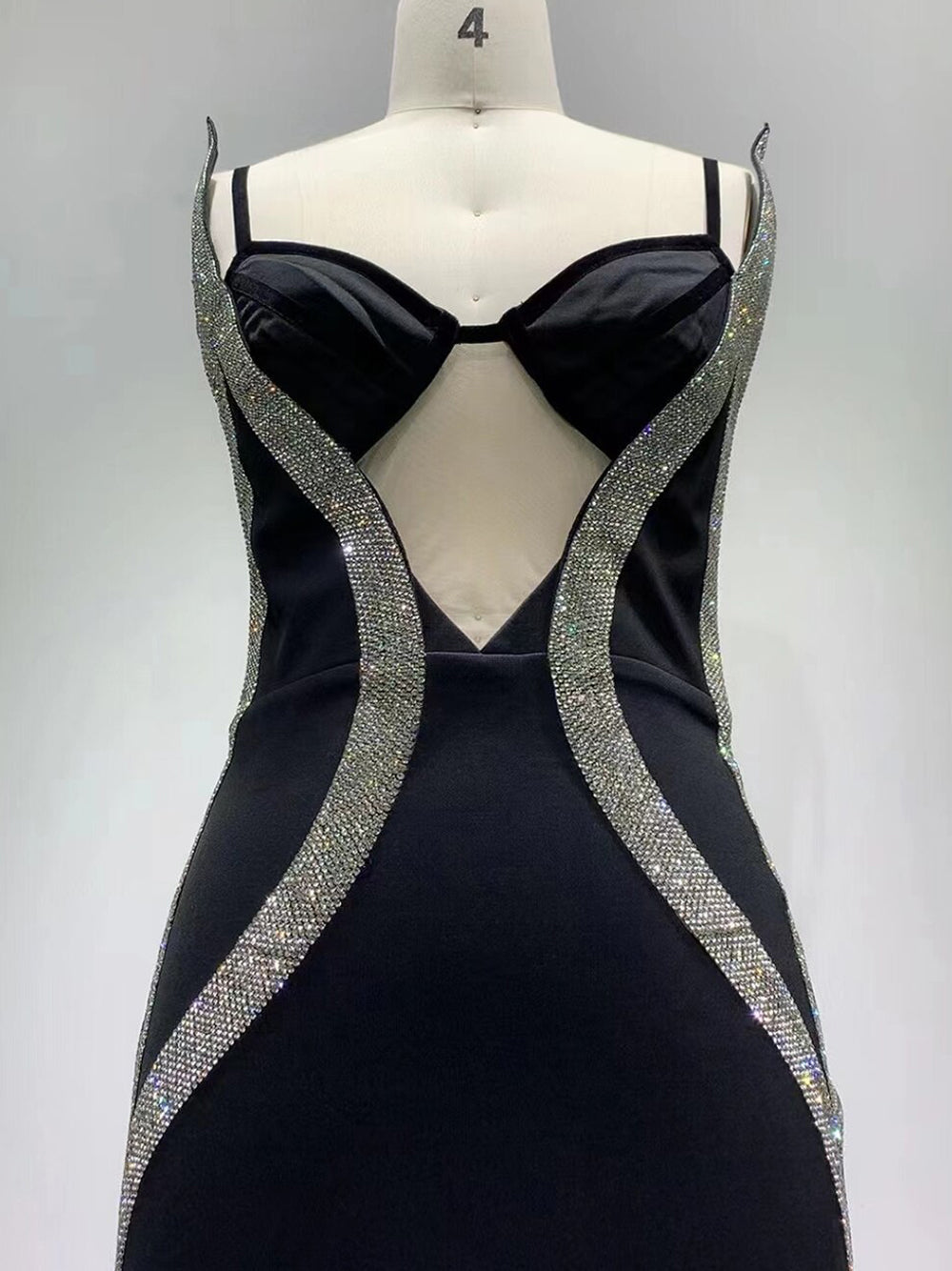 Rhinestone Trim V-Neck Mesh Insert Bodycon Mini Dress 9