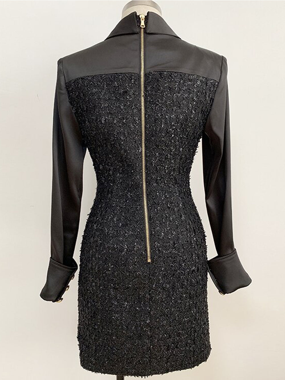 Tweed Boucle Satin Collar Long Sleeve Button Front Mini Dress - View 5