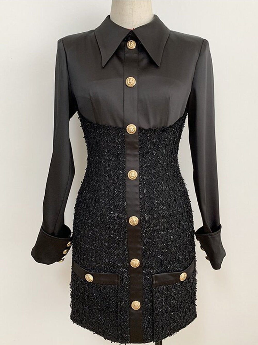 Tweed Boucle Satin Collar Long Sleeve Button Front Mini Dress - View 4