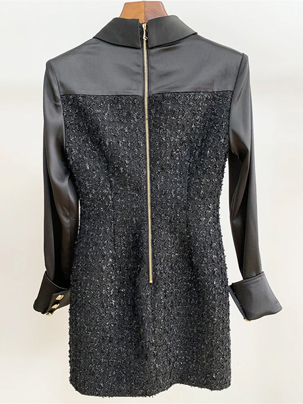 Tweed Boucle Satin Collar Long Sleeve Button Front Mini Dress - View 11