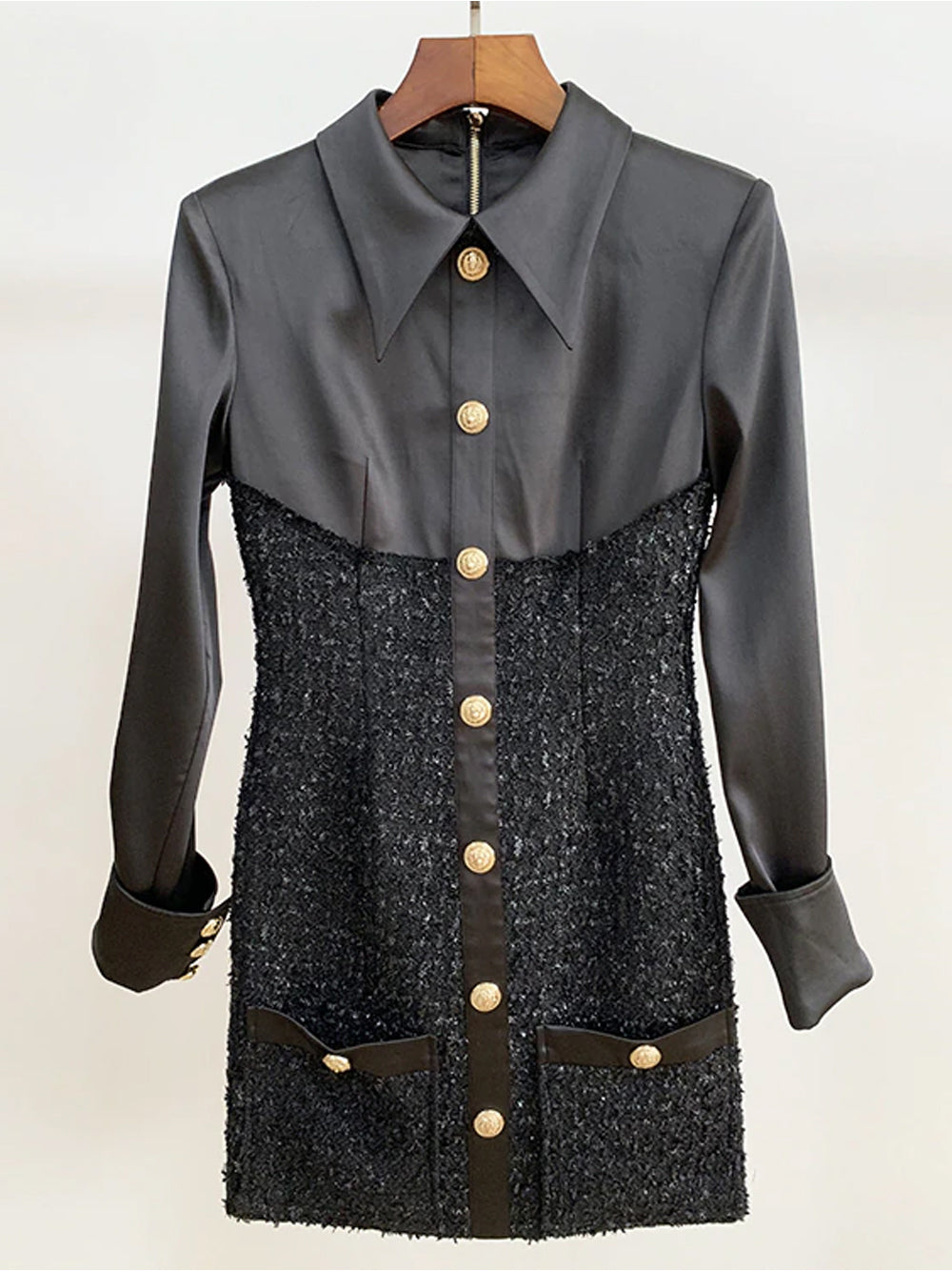 Tweed Boucle Satin Collar Long Sleeve Button Front Mini Dress - View 10