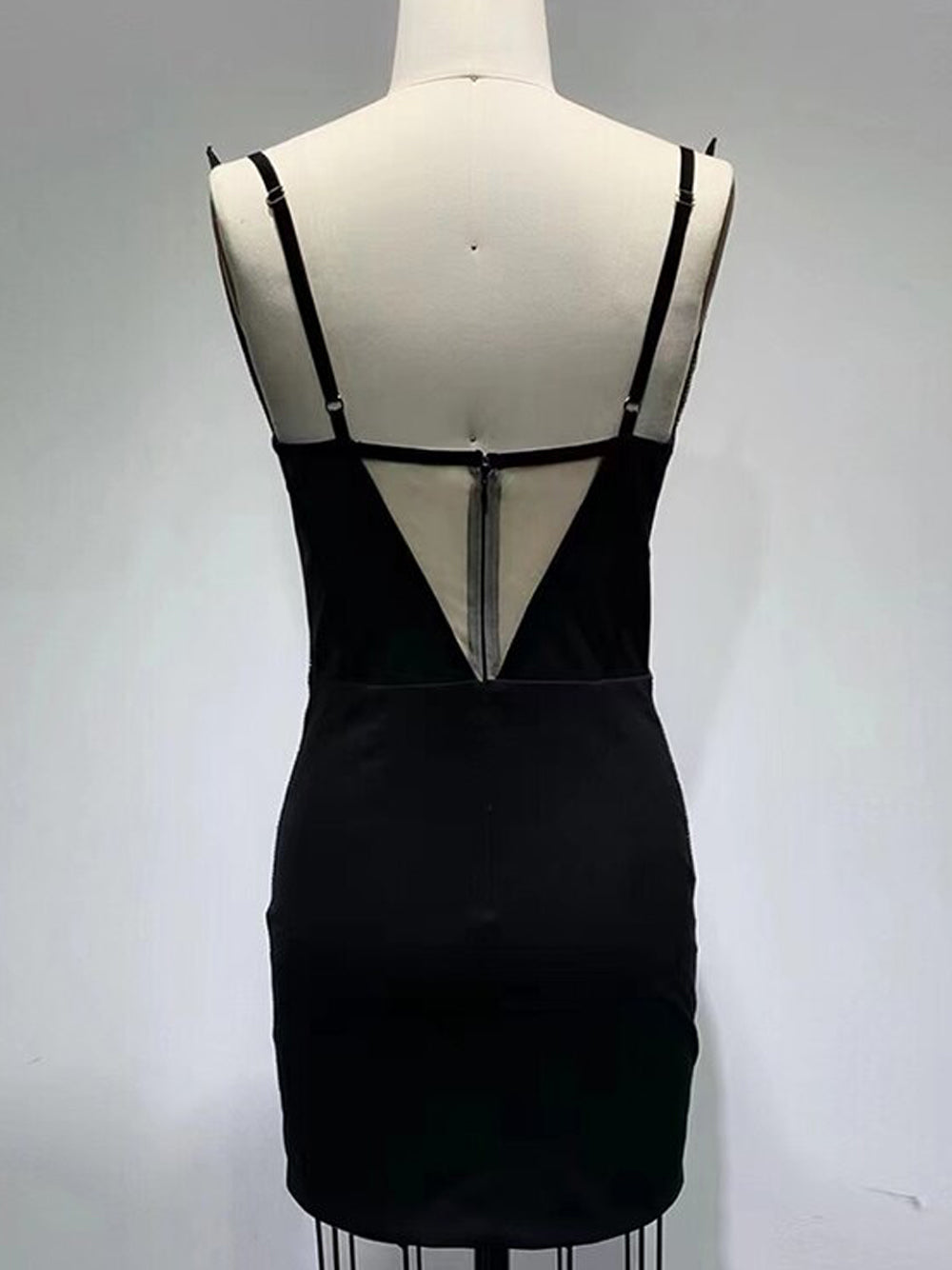 Rhinestone Trim V-Neck Mesh Insert Bodycon Mini Dress 7