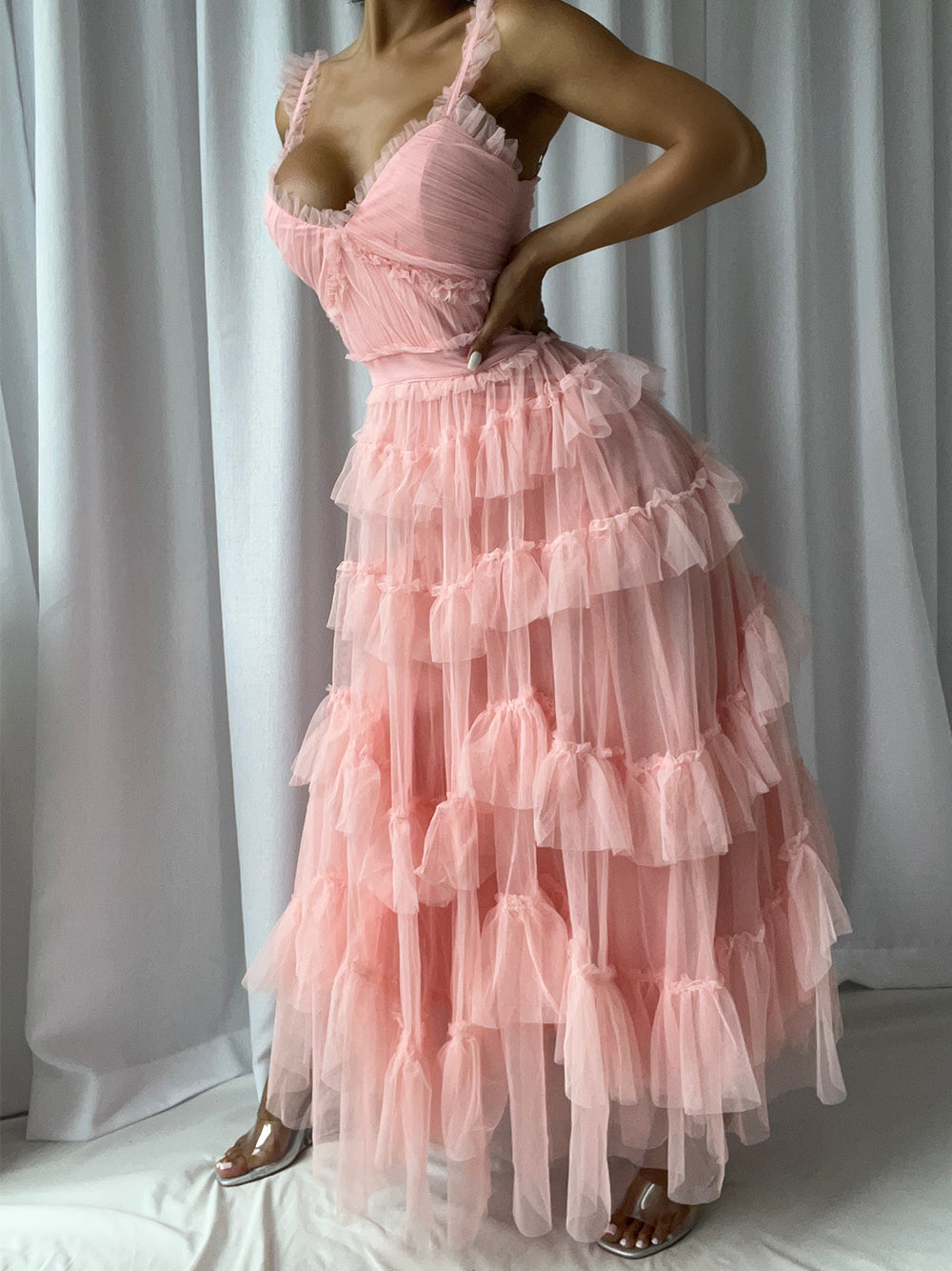 Tiered Ruffle Tulle Sweetheart Strappy Maxi Dress 6