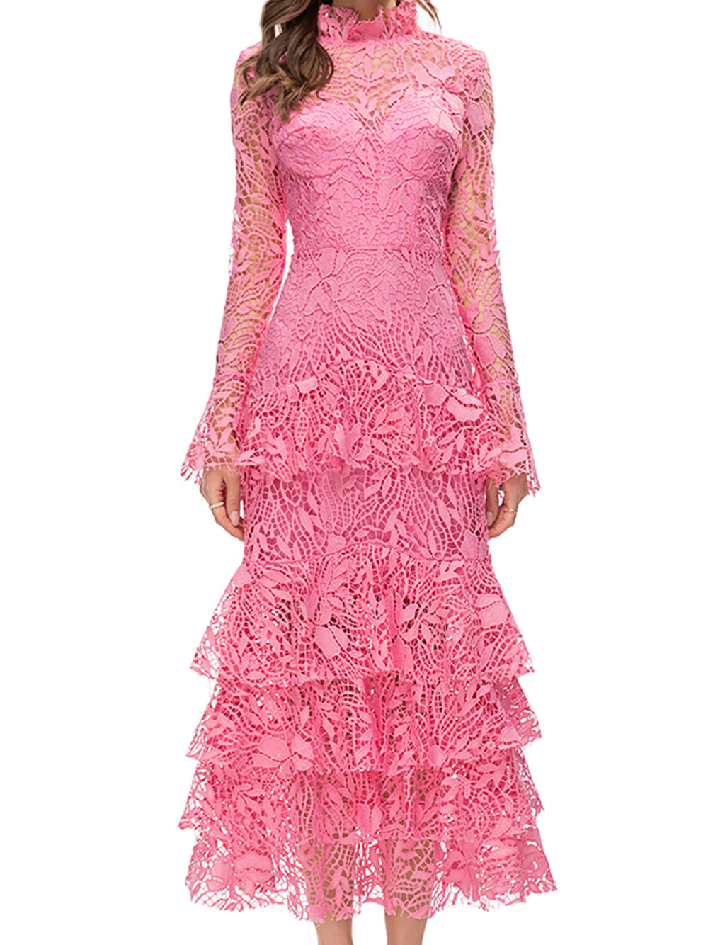 Floral Lace High-Neck Long-Sleeve Tiered Mermaid Maxi Dress 5