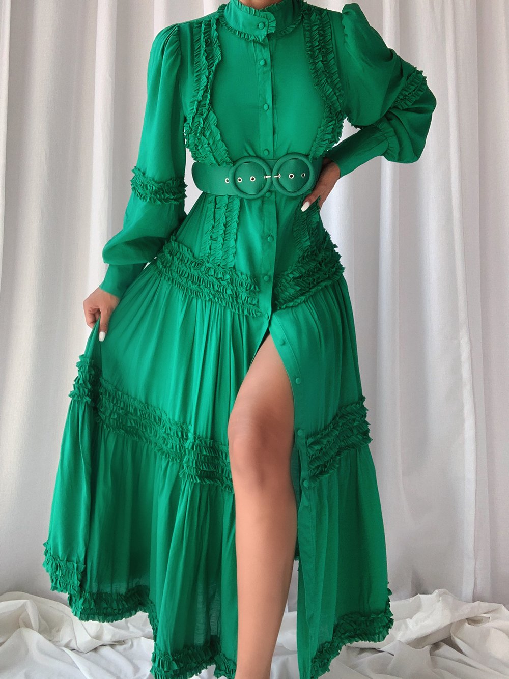 Ruffle Trim High Neck Long Sleeve Belted Tiered Maxi Dress