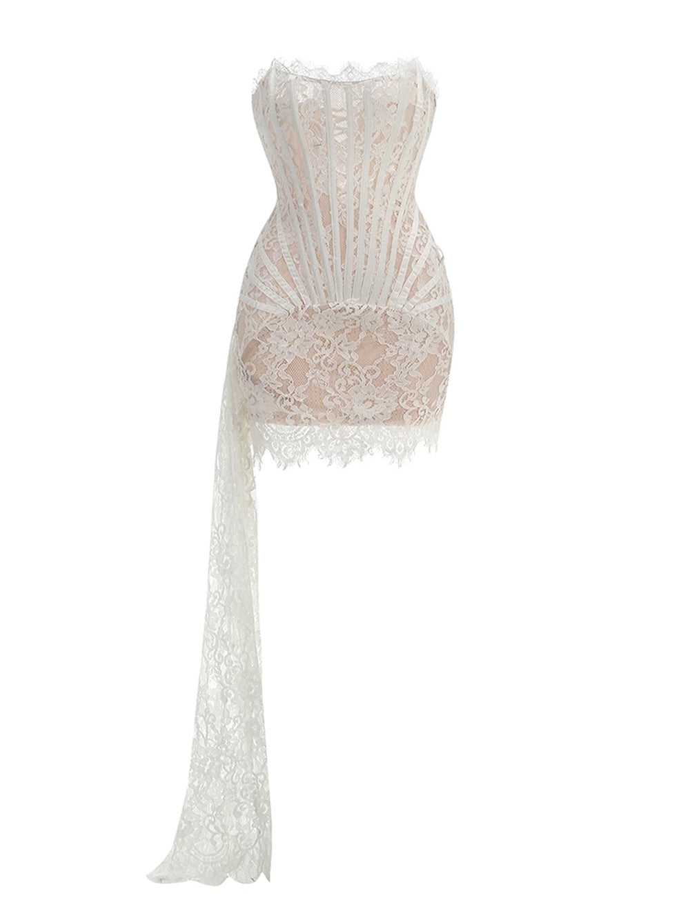 Strapless Eyelash Lace Corset Ruched Mini Dress 13