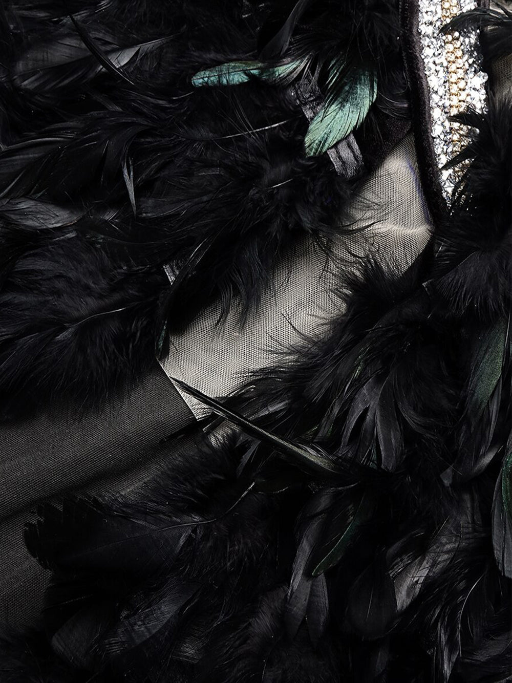 Velvet Mock Neck Rhinestone Cutout Feather-Trim Gown 8