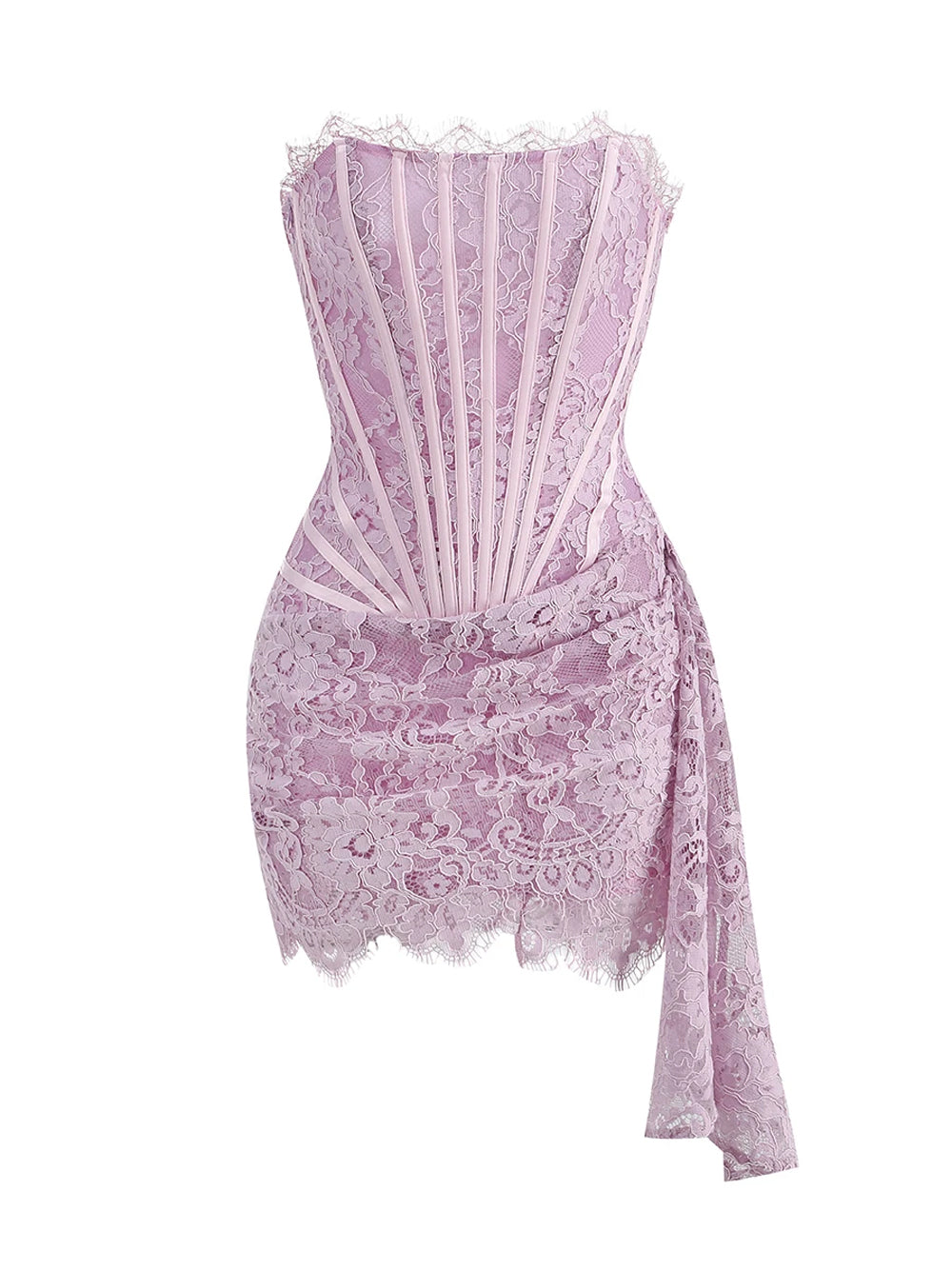 Strapless Eyelash Lace Corset Ruched Mini Dress