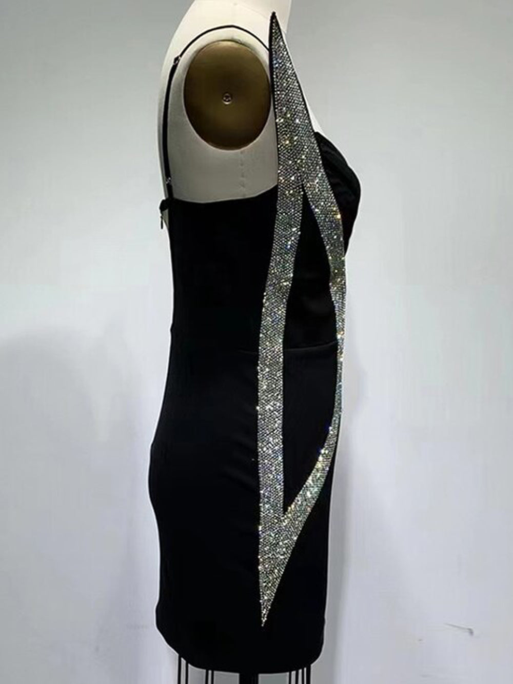 Rhinestone Trim V-Neck Mesh Insert Bodycon Mini Dress 8